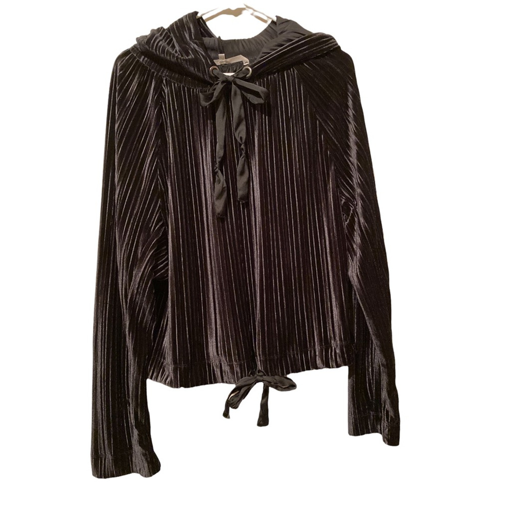 Rachel Roy Womens Hoodie Sweatshirt Black Velvet Long Sleeve Accordion‎ Pleats M